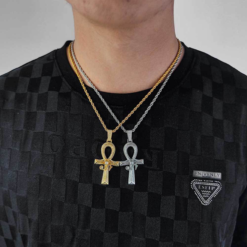 Cross Europe and the United States hip hop Horus Eye Ankh Cross pendant micro inset zircon retro personality necklace accessories