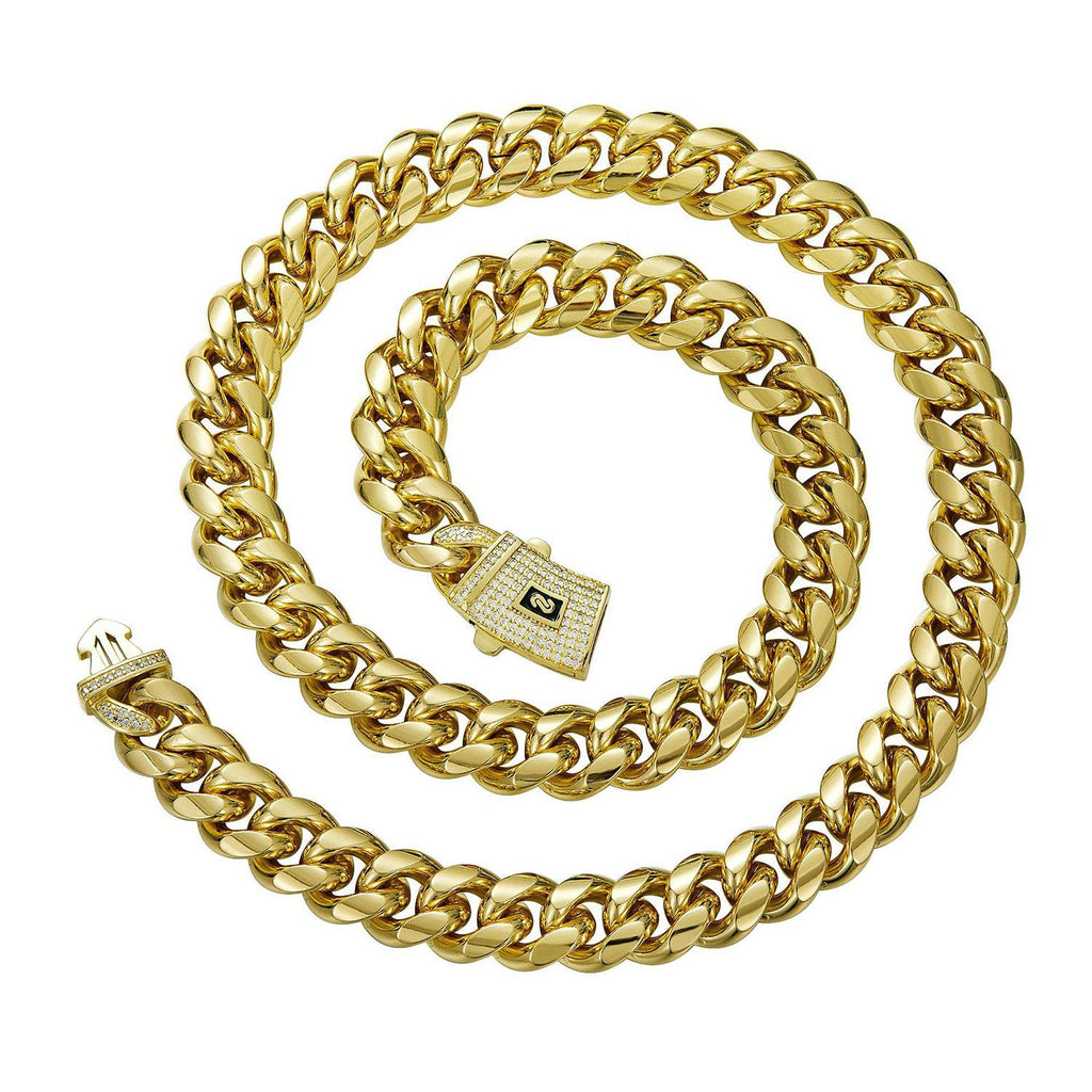 14k Gold Plated Miami Cuban Link Chain Necklace  Stainless Steel Iced Out Clasp Hip Hop Jewelry for Men/ Women 6/8/10/12/14mm Thickened