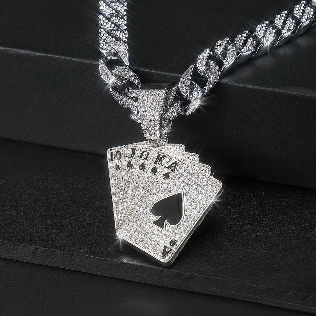 Hip Hop Men's Full Diamond Playing Card Same Flower Shun Cuban Necklace Pendant, Comes with Exquisite Gift Box