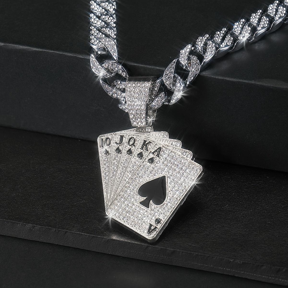 Hip Hop Men's Full Diamond Playing Card Same Flower Shun Cuban Necklace Pendant, Comes with Exquisite Gift Box