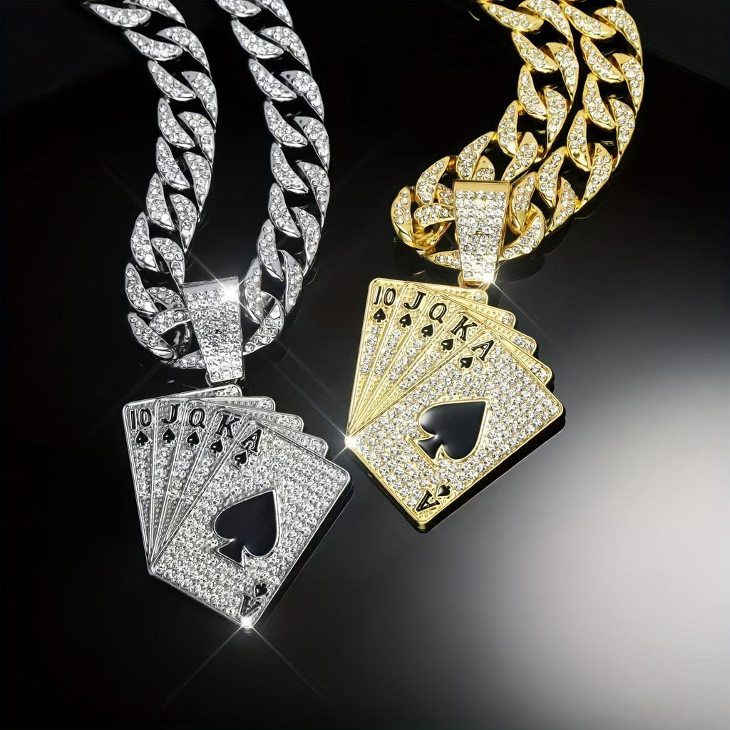 Hip Hop Men's Full Diamond Playing Card Same Flower Shun Cuban Necklace Pendant, Comes with Exquisite Gift Box