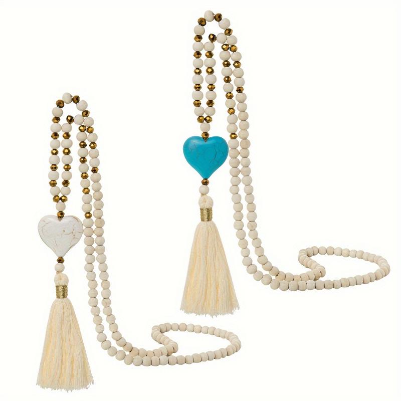Long Y-shaped Necklace for Women, Bohemian Style with Turquoise Heart Pendant and Wooden Bead Tassels, Versatile and Fashionable