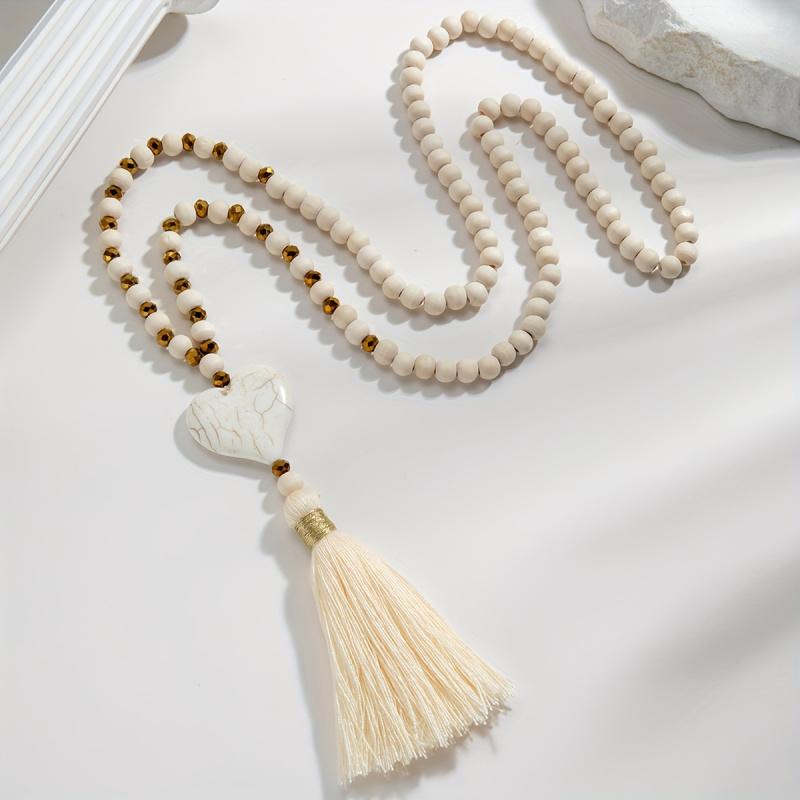 Long Y-shaped Necklace for Women, Bohemian Style with Turquoise Heart Pendant and Wooden Bead Tassels, Versatile and Fashionable