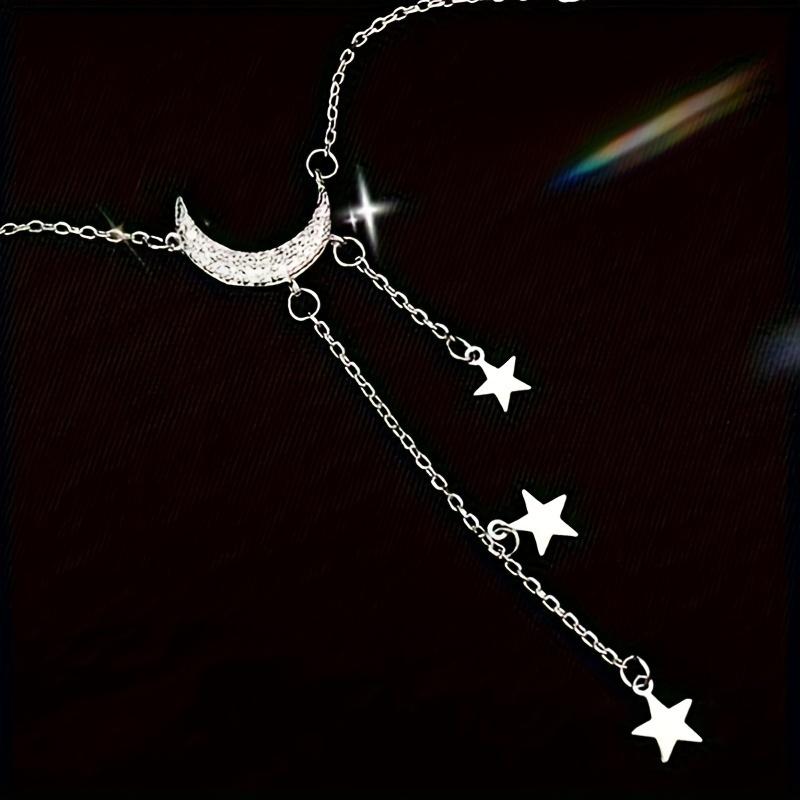 Star and Crescent Moon Necklace with Elegant Silver Tassel, Minimalist Style, Fashion Jewelry for Women, Perfect Gifts for Birthdays and Eid