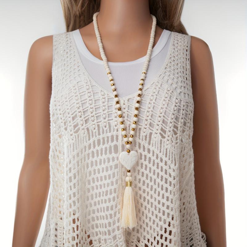 Long Y-shaped Necklace for Women, Bohemian Style with Turquoise Heart Pendant and Wooden Bead Tassels, Versatile and Fashionable