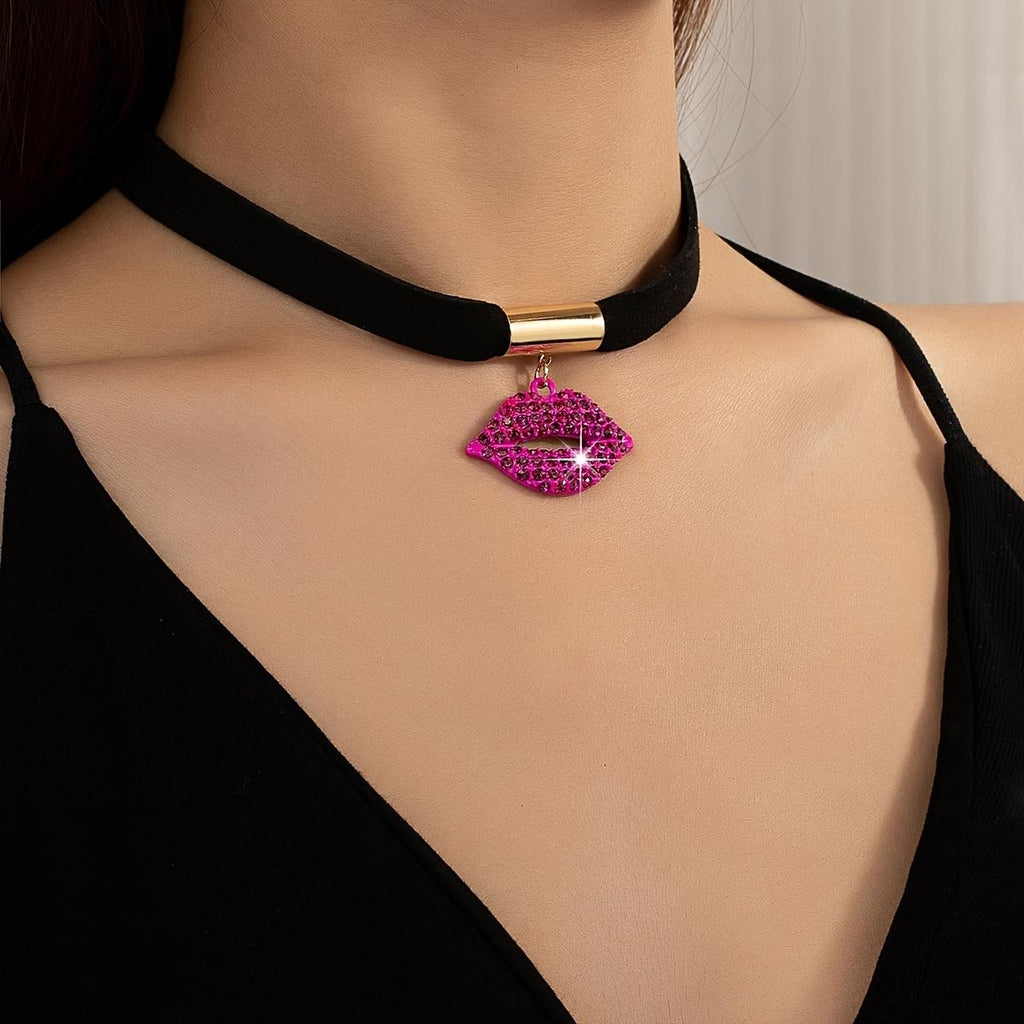 [Rhinestone Lip Necklace] Glamorous Rhinestone Lip Necklace |   Shiny red lips with chain in black and gold tones |   Versatile clothing for women for daily use and parties