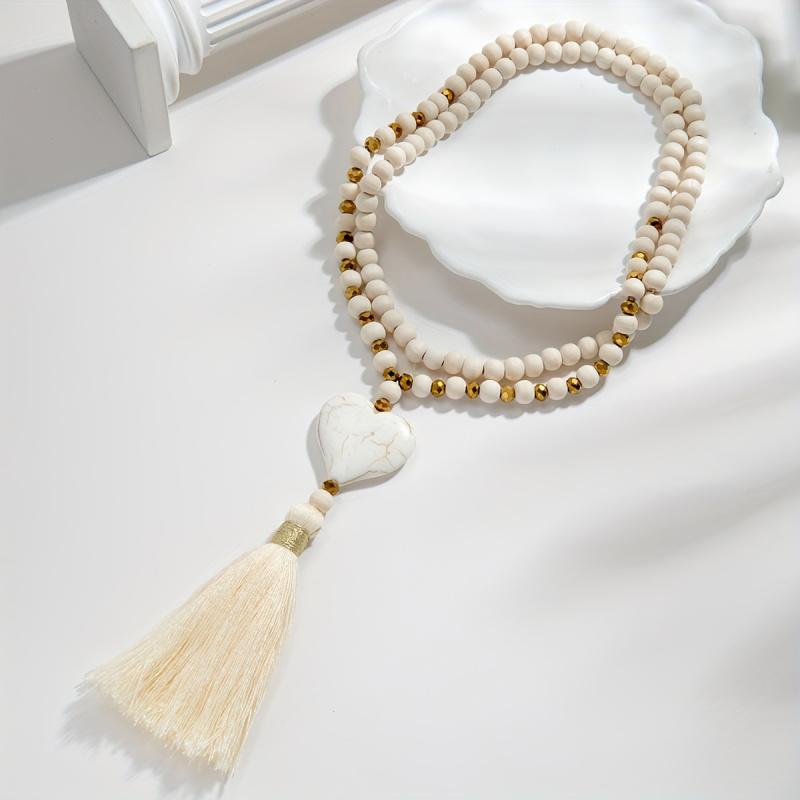 Long Y-shaped Necklace for Women, Bohemian Style with Turquoise Heart Pendant and Wooden Bead Tassels, Versatile and Fashionable