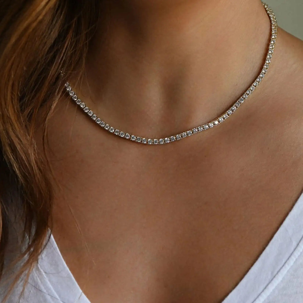 Full Moissanite Synthetic Tennis Necklace 18K Gold Plated 2-6MM 16-24 Inch VVS1 Clarity Black Friday 2025 Gift Men & Women, Perfect Hip Hop, Rappers, PartyGirlfriend Boyfriend Birthday Engagement Hiphop Wedding Environmental