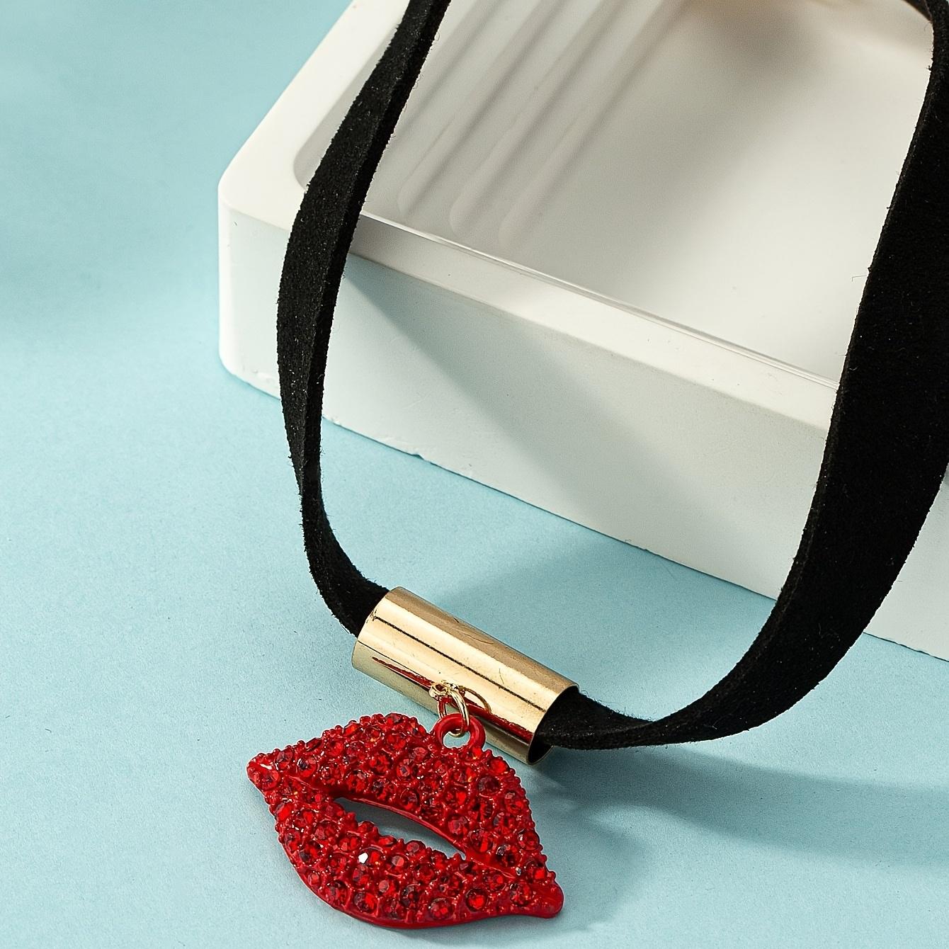[Rhinestone Lip Necklace] Glamorous Rhinestone Lip Necklace |   Shiny red lips with chain in black and gold tones |   Versatile clothing for women for daily use and parties