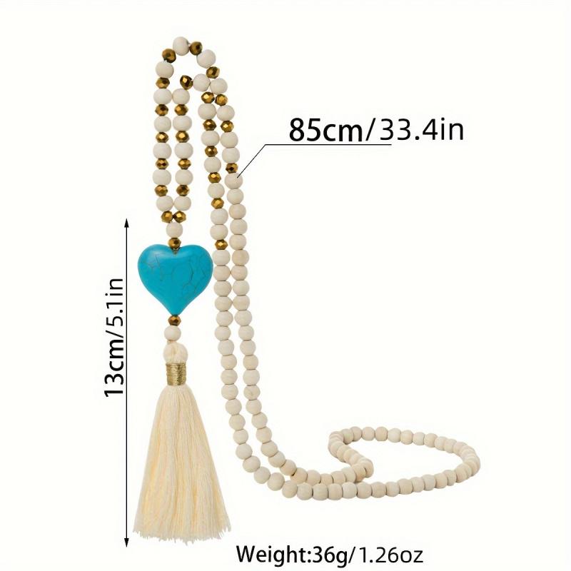 Long Y-shaped Necklace for Women, Bohemian Style with Turquoise Heart Pendant and Wooden Bead Tassels, Versatile and Fashionable