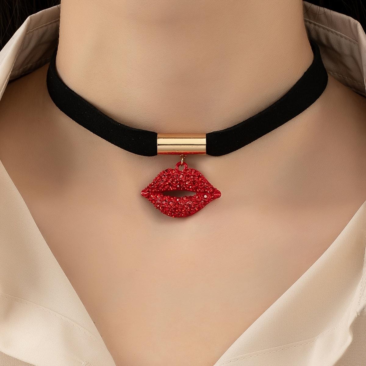 [Rhinestone Lip Necklace] Glamorous Rhinestone Lip Necklace |   Shiny red lips with chain in black and gold tones |   Versatile clothing for women for daily use and parties