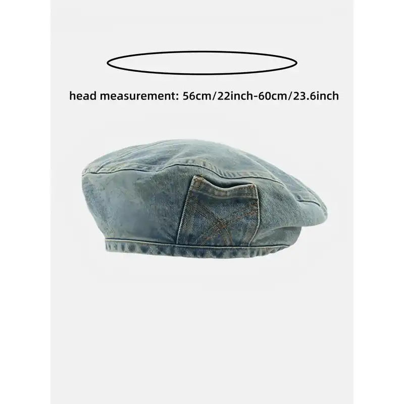 Women's Vintage Washed Blue Denim Design Beret, Casual Outdoor Hat for Women, Fashion Clothes Accessories for Daily Wear