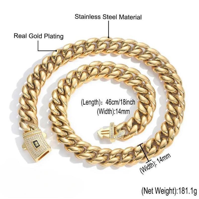 14k Gold Plated Miami Cuban Link Chain Necklace  Stainless Steel Iced Out Clasp Hip Hop Jewelry for Men/ Women 6/8/10/12/14mm Thickened