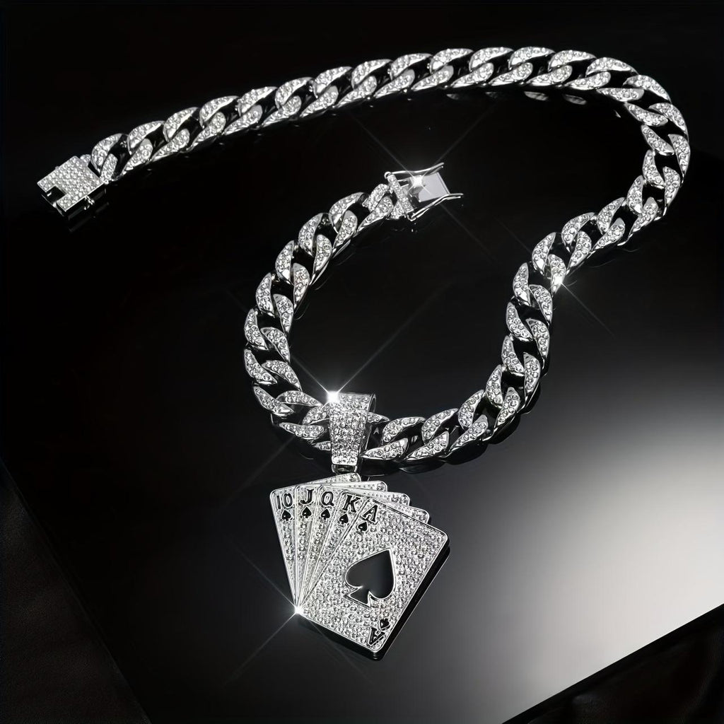 Hip Hop Men's Full Diamond Playing Card Same Flower Shun Cuban Necklace Pendant, Comes with Exquisite Gift Box