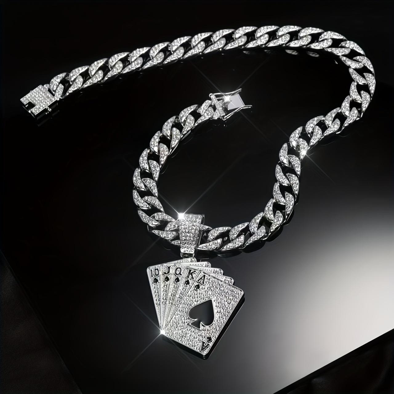Hip Hop Men's Full Diamond Playing Card Same Flower Shun Cuban Necklace Pendant, Comes with Exquisite Gift Box