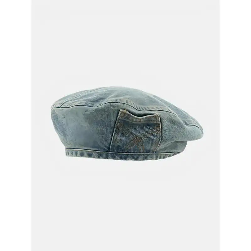 Women's Vintage Washed Blue Denim Design Beret, Casual Outdoor Hat for Women, Fashion Clothes Accessories for Daily Wear