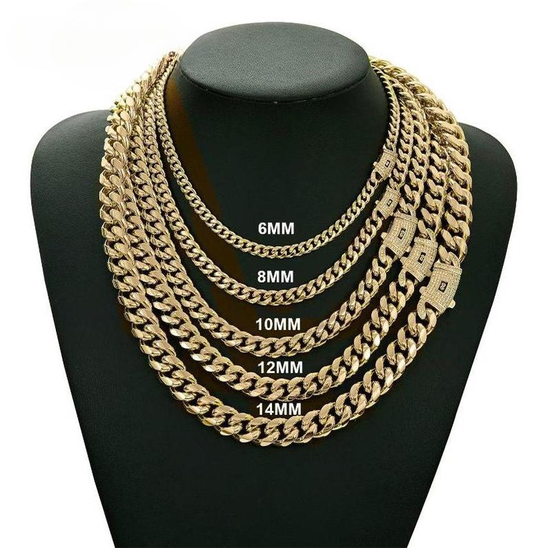 Mens Cuban link necklace  gold plated stainless steel Miami thick necklace hip hop jewelry 6/8/10/12/14mm Gold-Plated Miami
