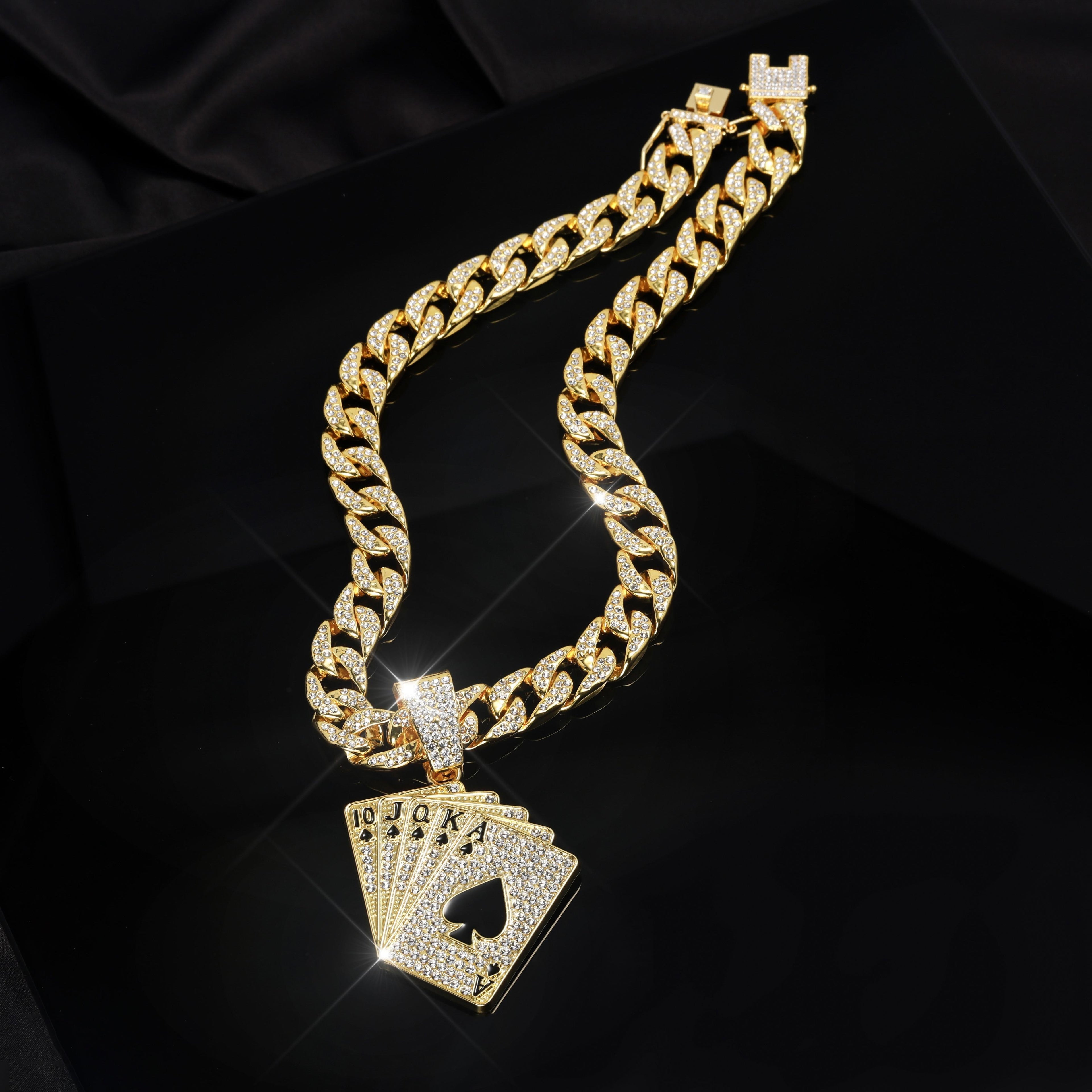 Hip Hop Men's Full Diamond Playing Card Same Flower Shun Cuban Necklace Pendant, Comes with Exquisite Gift Box