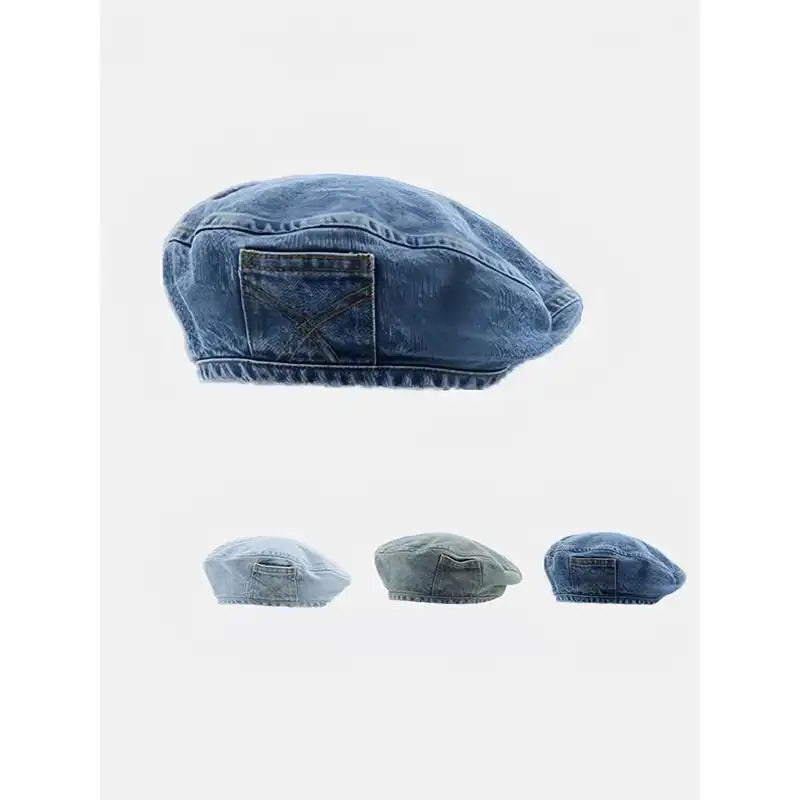 Women's Vintage Washed Blue Denim Design Beret, Casual Outdoor Hat for Women, Fashion Clothes Accessories for Daily Wear
