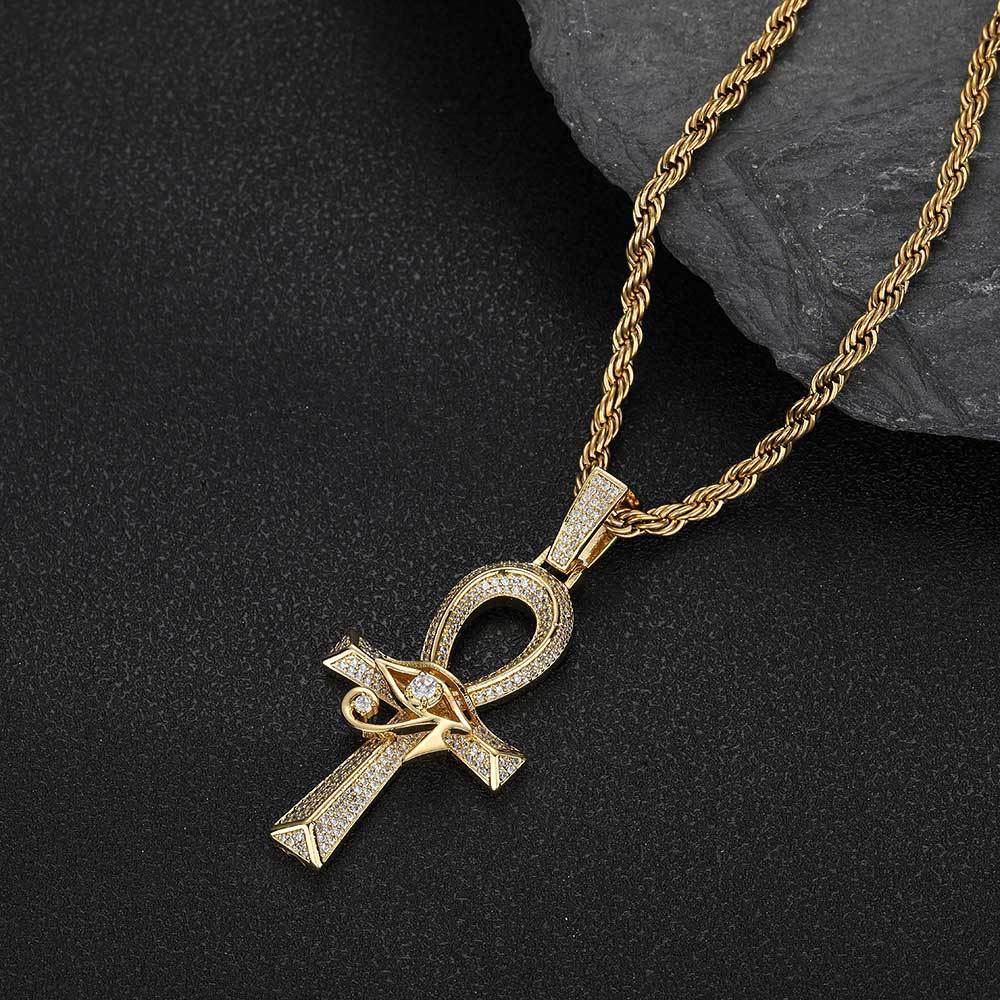 Cross Europe and the United States hip hop Horus Eye Ankh Cross pendant micro inset zircon retro personality necklace accessories