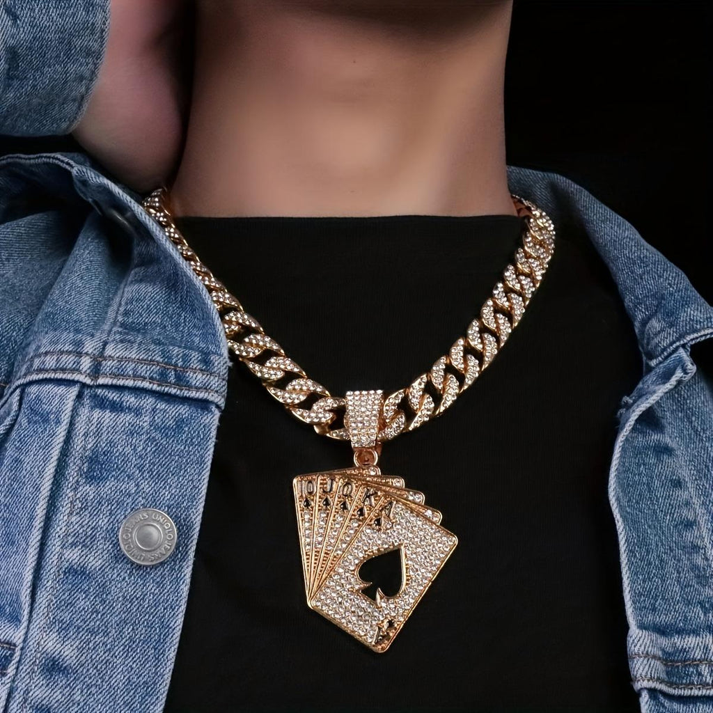 Hip Hop Men's Full Diamond Playing Card Same Flower Shun Cuban Necklace Pendant, Comes with Exquisite Gift Box