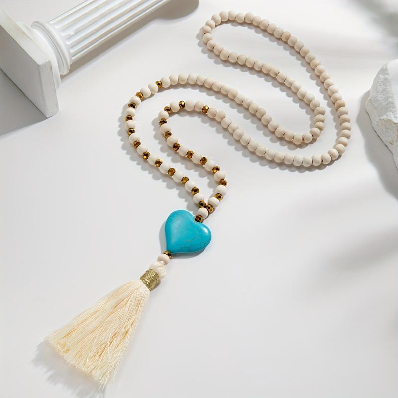 Long Y-shaped Necklace for Women, Bohemian Style with Turquoise Heart Pendant and Wooden Bead Tassels, Versatile and Fashionable