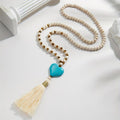 Long Y-shaped Necklace for Women, Bohemian Style with Turquoise Heart Pendant and Wooden Bead Tassels, Versatile and Fashionable