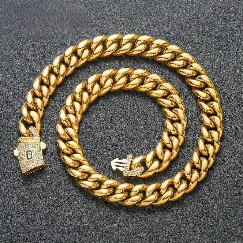 Mens Cuban link necklace  gold plated stainless steel Miami thick necklace hip hop jewelry 6/8/10/12/14mm Gold-Plated Miami