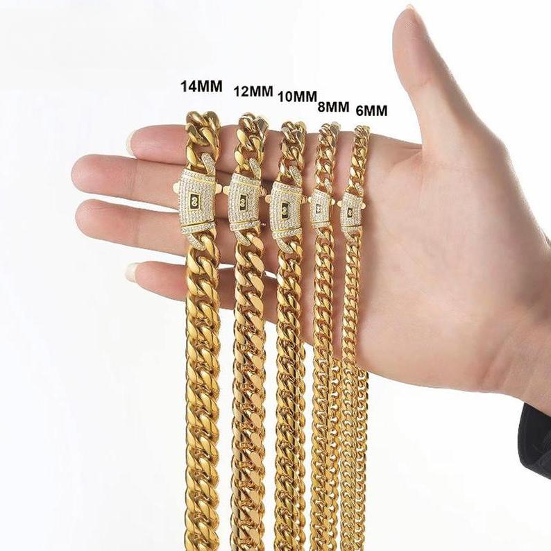 Mens Cuban link necklace  gold plated stainless steel Miami thick necklace hip hop jewelry 6/8/10/12/14mm Gold-Plated Miami