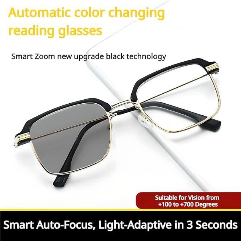 Y2K-style photochromic reading glasses for men and women - Metal frame, blue light blocking, multifocal focus, anti-fatigue - Auto-dimming, no power required, 0 to +4.0 degrees of presbyopia correction