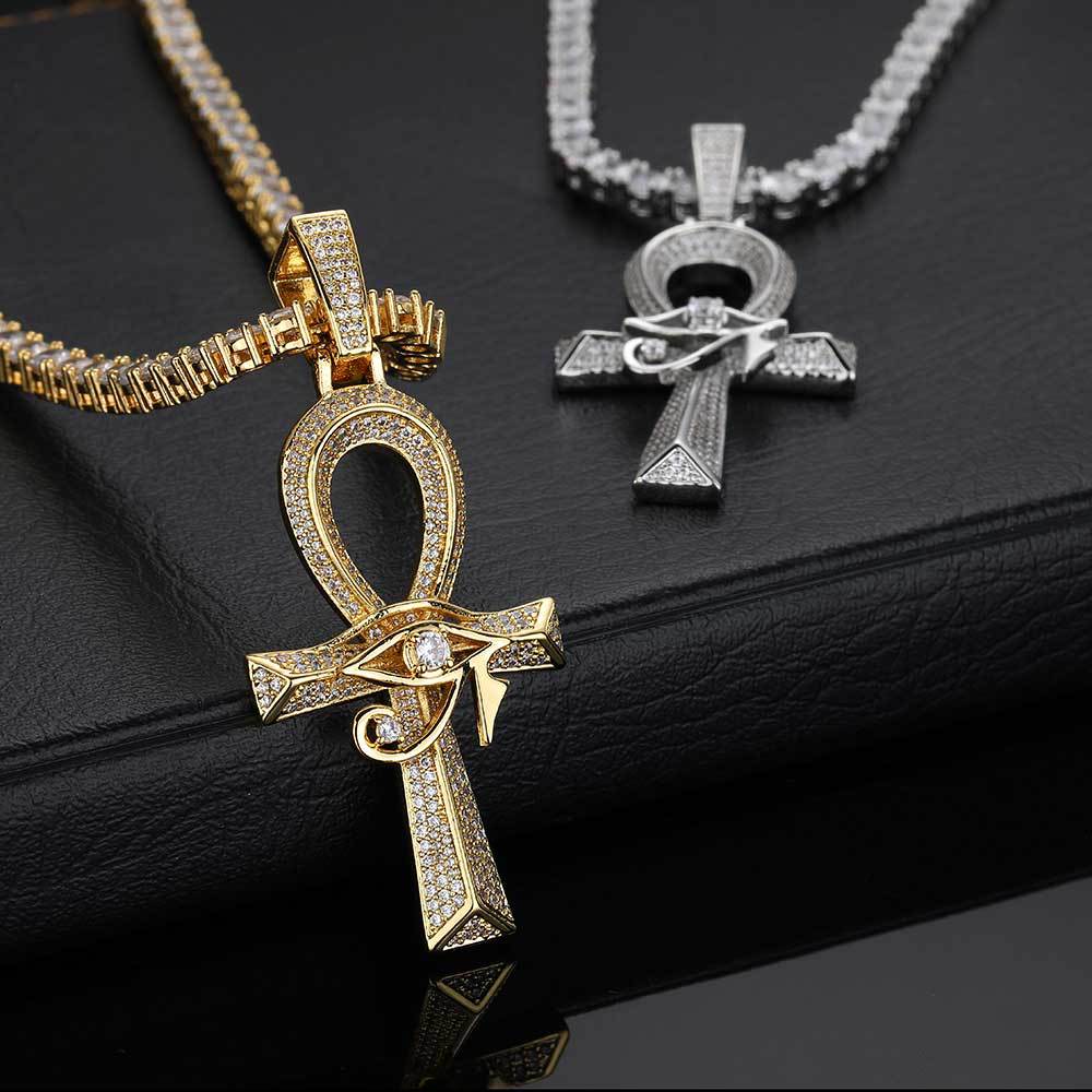 Cross Europe and the United States hip hop Horus Eye Ankh Cross pendant micro inset zircon retro personality necklace accessories