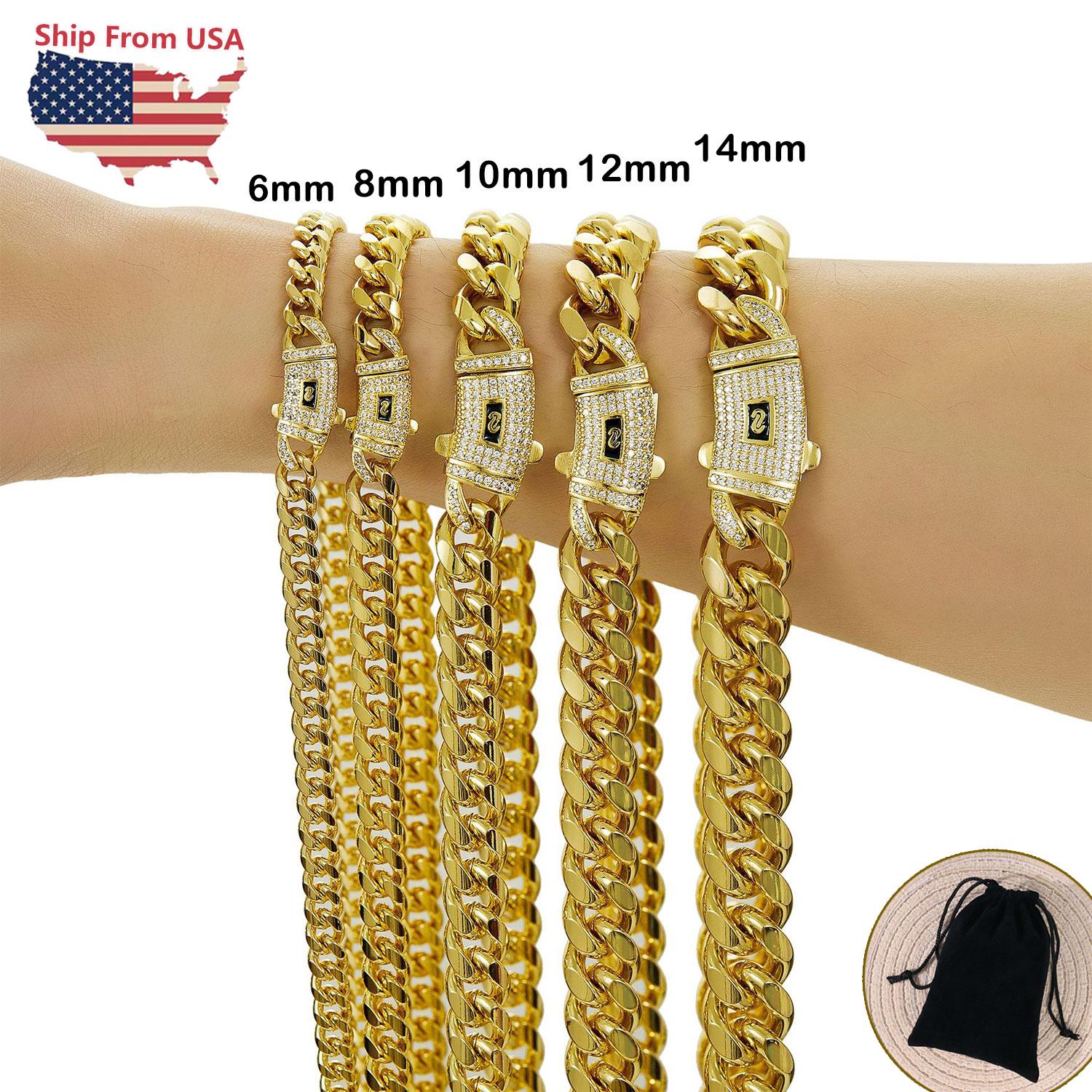 14k Gold Plated Miami Cuban Link Chain Necklace  Stainless Steel Iced Out Clasp Hip Hop Jewelry for Men/ Women 6/8/10/12/14mm Thickened