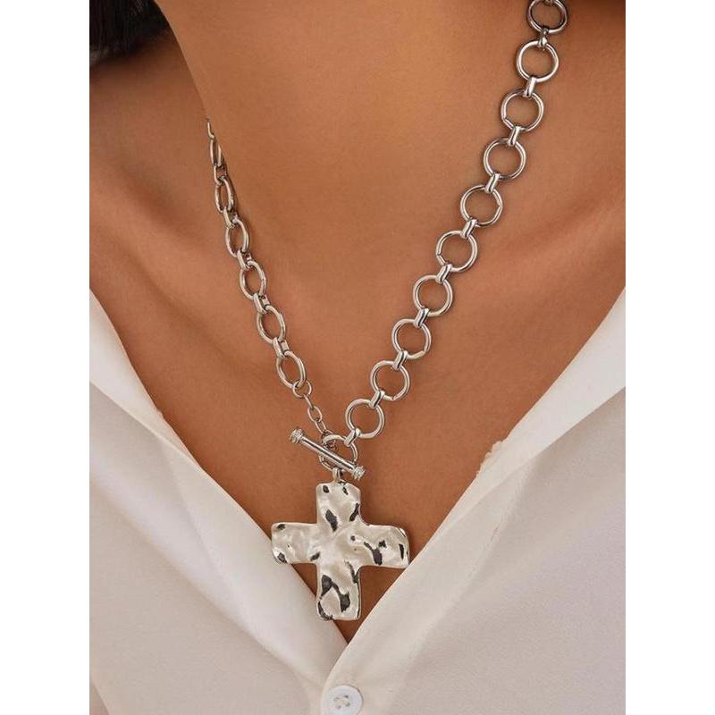 Cross Pendant Necklace for Women, Bold Hammered Layered Design, Vintage Jewelry with Buckle Closure for Women, Layered Closure Necklace