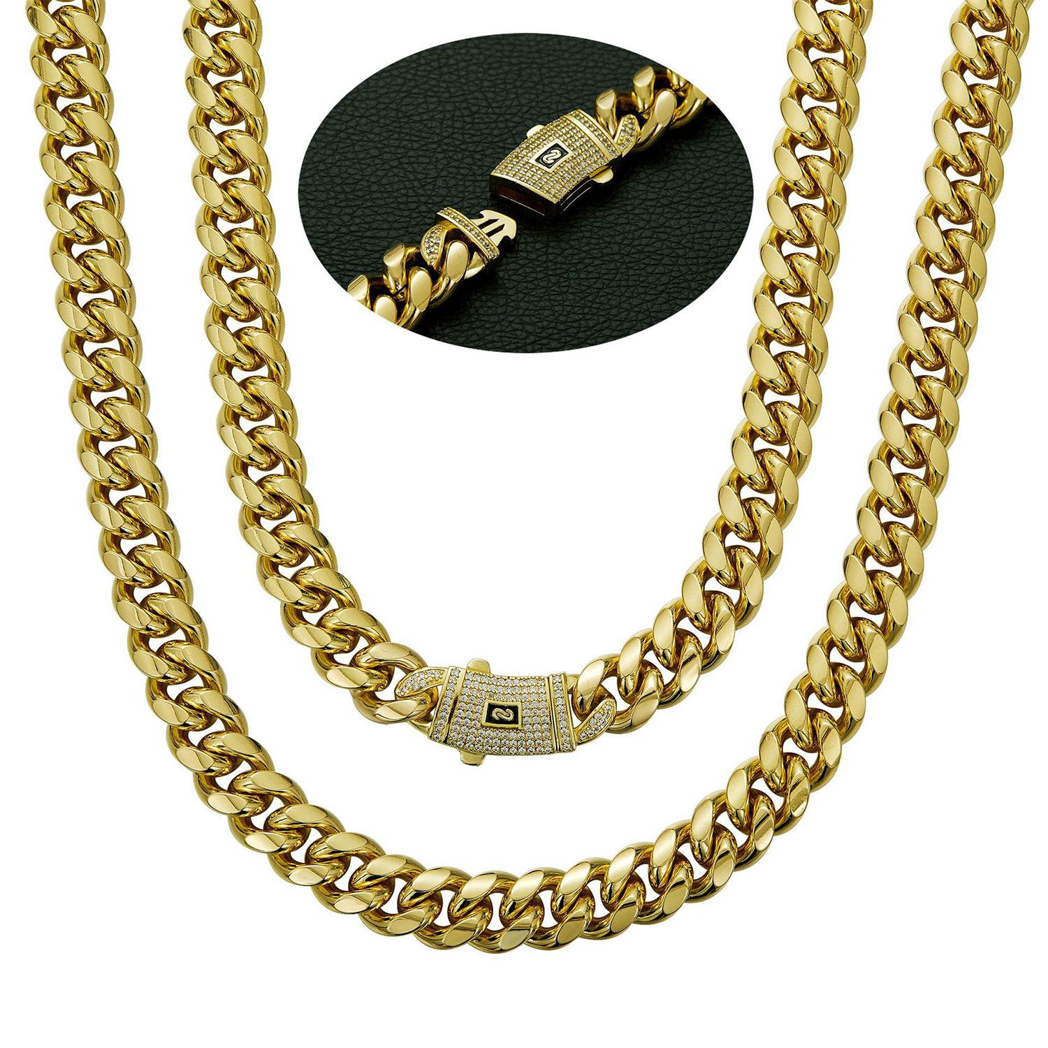 14k Gold Plated Miami Cuban Link Chain Necklace  Stainless Steel Iced Out Clasp Hip Hop Jewelry for Men/ Women 6/8/10/12/14mm Thickened