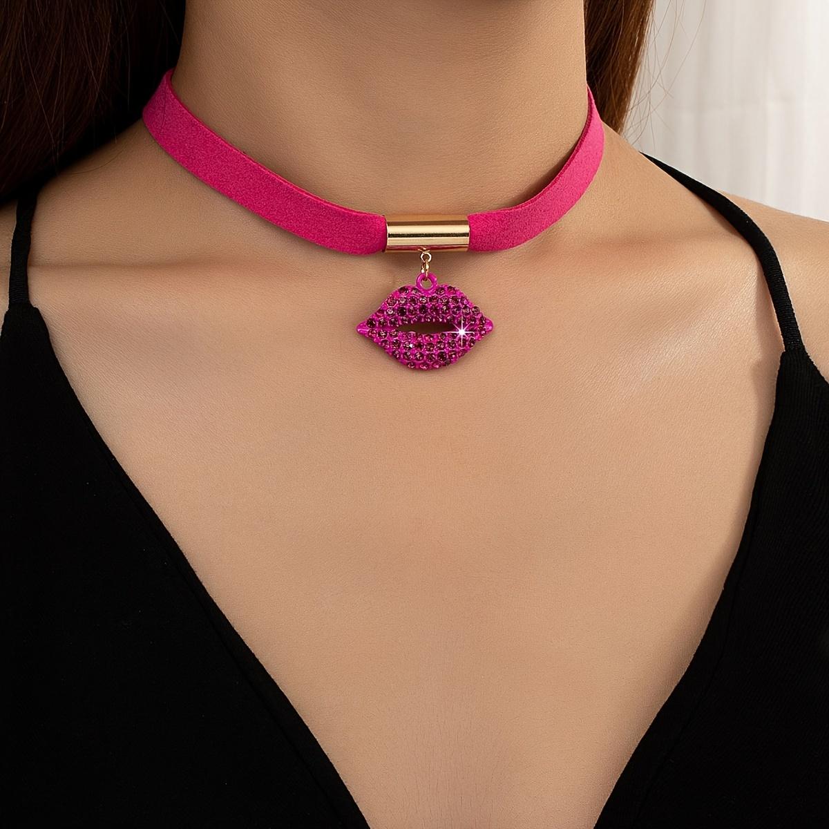 [Rhinestone Lip Necklace] Glamorous Rhinestone Lip Necklace |   Shiny red lips with chain in black and gold tones |   Versatile clothing for women for daily use and parties