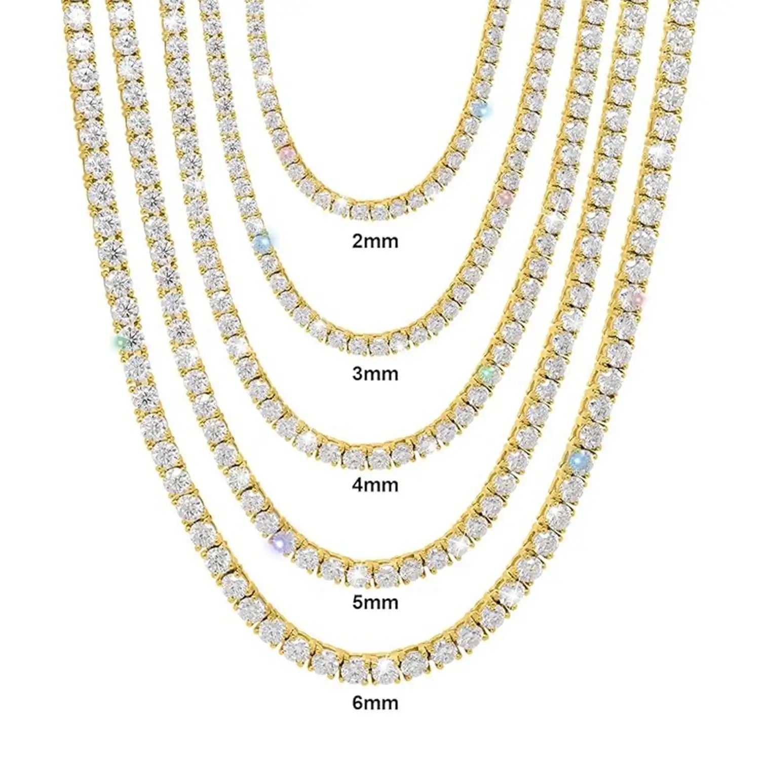 Full Moissanite Synthetic Tennis Necklace 18K Gold Plated 2-6MM 16-24 Inch VVS1 Clarity Black Friday 2025 Gift Men & Women, Perfect Hip Hop, Rappers, PartyGirlfriend Boyfriend Birthday Engagement Hiphop Wedding Environmental