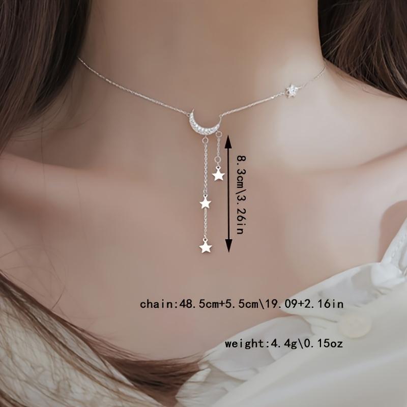 Star and Crescent Moon Necklace with Elegant Silver Tassel, Minimalist Style, Fashion Jewelry for Women, Perfect Gifts for Birthdays and Eid