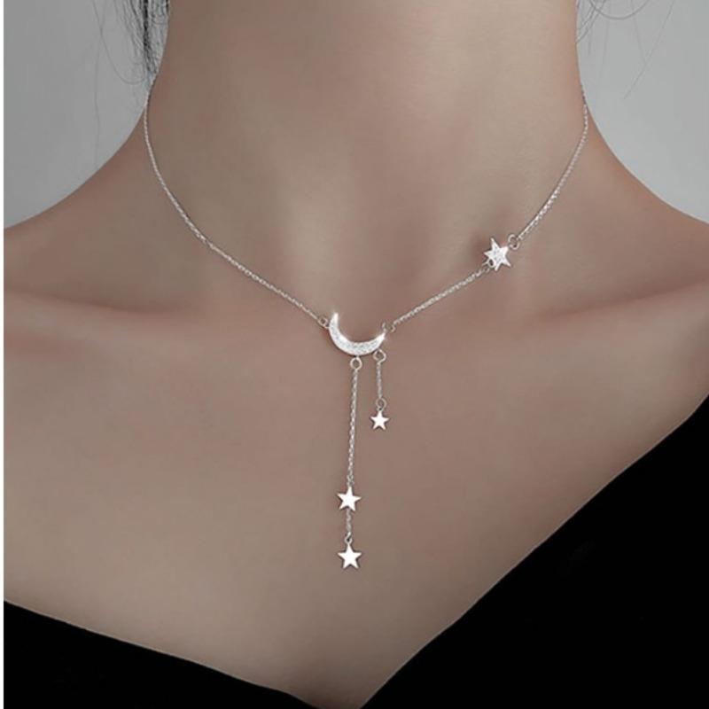 Star and Crescent Moon Necklace with Elegant Silver Tassel, Minimalist Style, Fashion Jewelry for Women, Perfect Gifts for Birthdays and Eid