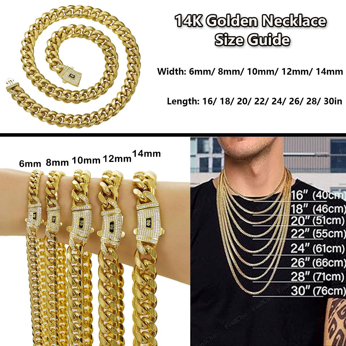 14k Gold Plated Miami Cuban Link Chain Necklace  Stainless Steel Iced Out Clasp Hip Hop Jewelry for Men/ Women 6/8/10/12/14mm Thickened