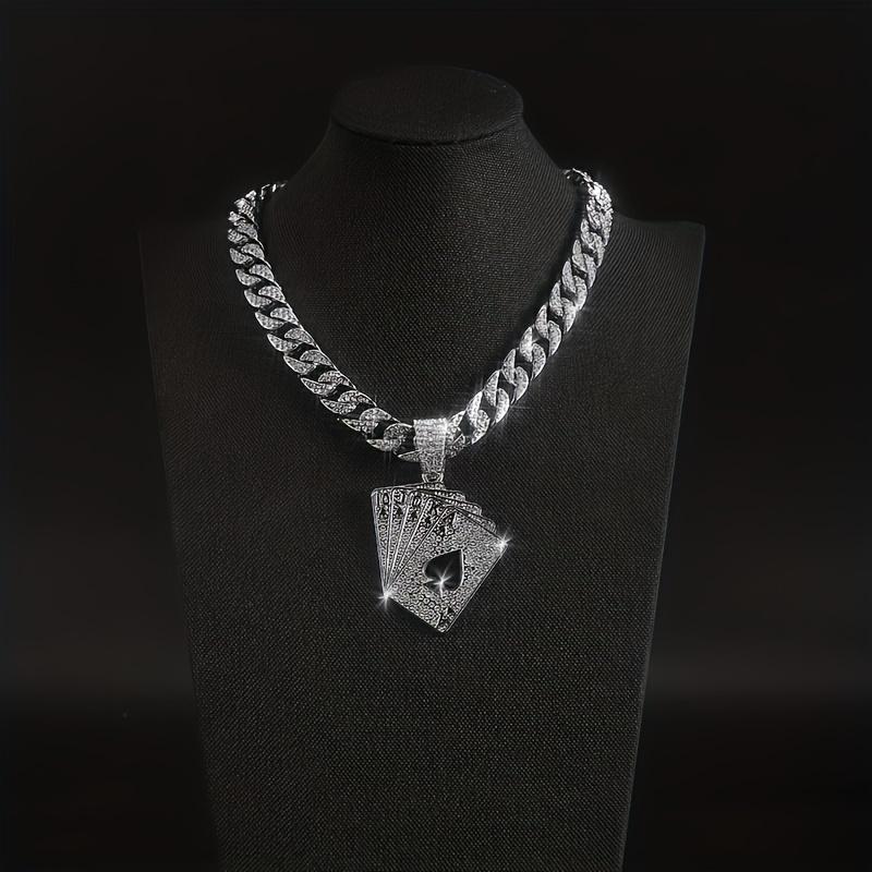 Hip Hop Men's Full Diamond Playing Card Same Flower Shun Cuban Necklace Pendant, Comes with Exquisite Gift Box