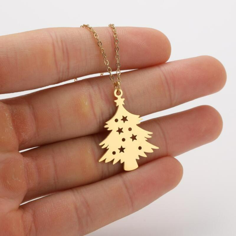Stainless Steel Christmas Tree Pendant Necklace for Women - Elegant French Style for All Year Round with Green and Gold Tree Charm, Red Ornament and White Dots - Holiday Gift for Girlfriend, Wife, Mom (Durable and Non-Tarnish)