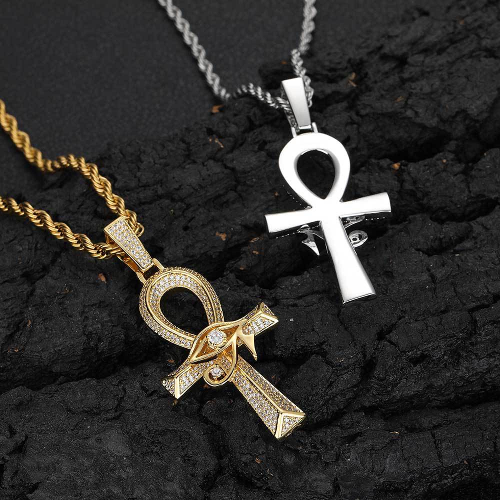 Cross Europe and the United States hip hop Horus Eye Ankh Cross pendant micro inset zircon retro personality necklace accessories