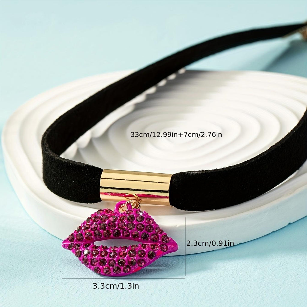 [Rhinestone Lip Necklace] Glamorous Rhinestone Lip Necklace |   Shiny red lips with chain in black and gold tones |   Versatile clothing for women for daily use and parties